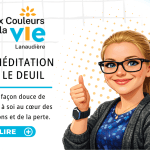 Illustration d’une femme en style caricatural levant le pouce, accompagnée du titre « La méditation : un espace pour traverser le deuil » pour un article d’Aux Couleurs de la Vie Lanaudière.